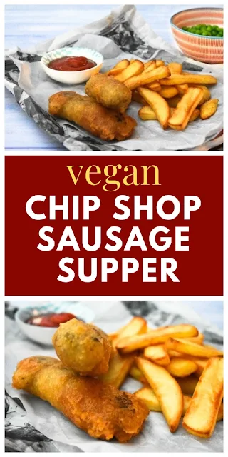 Vegan Chip Shop Sausage Supper. A simple recipe for chip shop style sausages in batter. The beer batter is flavoured with spices for a warm flavour, with a fabulous crunch. #chipshop #veganchipshop #fakeaway #takeaway #sausagesupper #vegansausages #plantbased #beerbatter #beerbattered Vegan Chip Shop Sausage Supper. A simple recipe for chip shop style sausages in batter. The beer batter is flavoured with spices for a warm flavour, with a fabulous crunch. #chipshop #veganchipshop #fakeaway #takeaway #sausagesupper #vegansausages #plantbased #beerbatter #beerbattered