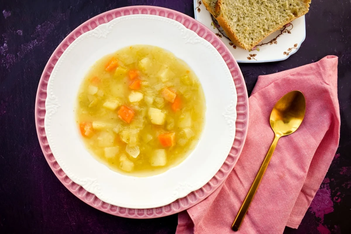 Traditional Scottish Tattie Soup in a White Bowl.