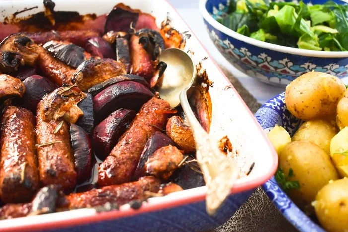 Sticky Marmalade Sausage Bake (Vegan) Sticky Marmalade Sausage Bake (Vegan)