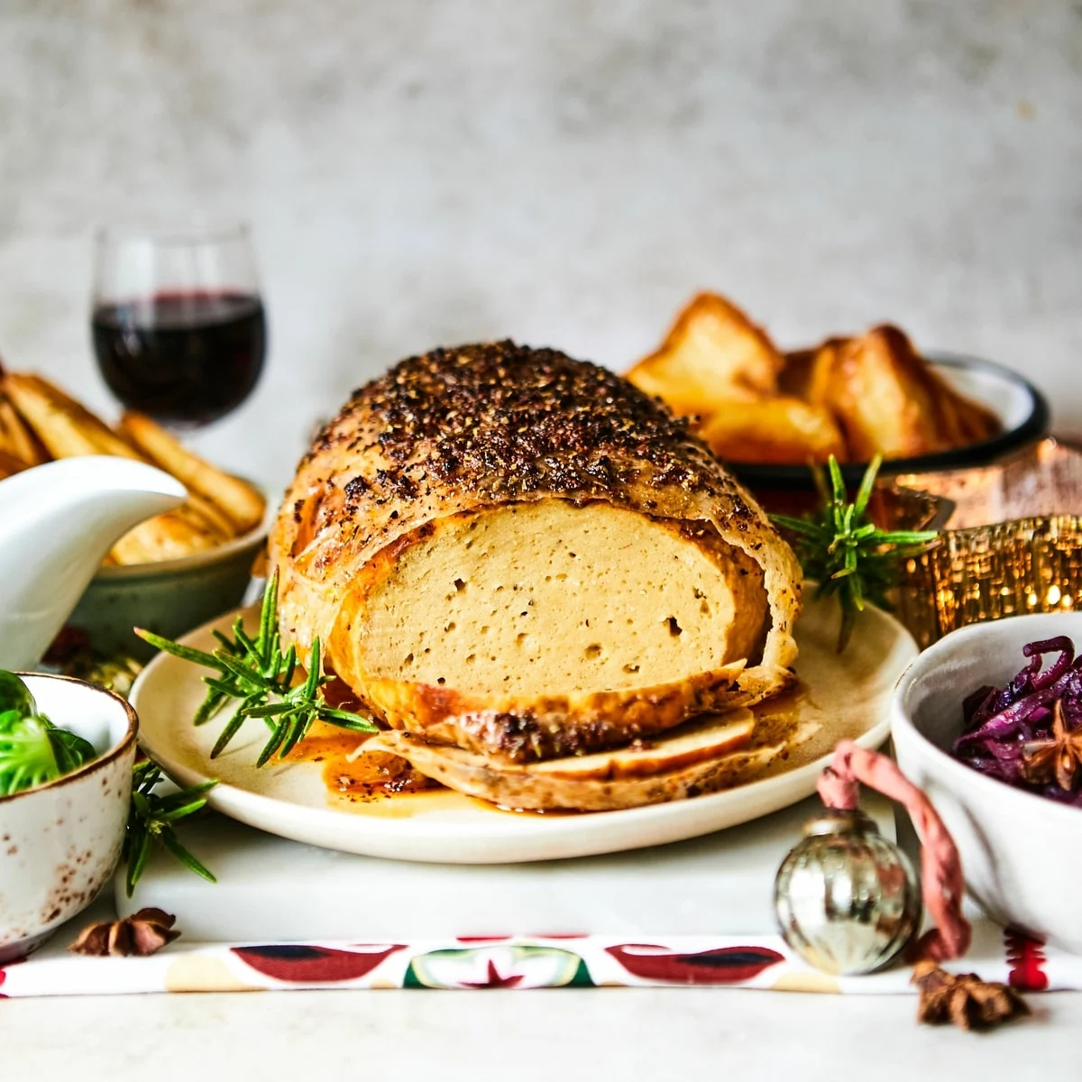 Vegan No Turkey Festive Roast for Christmas Dinner.